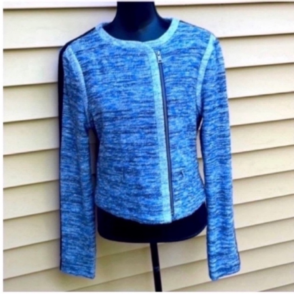 BCBGMAXAZRIA Women’s Blue Textured Jacket with Zipper L